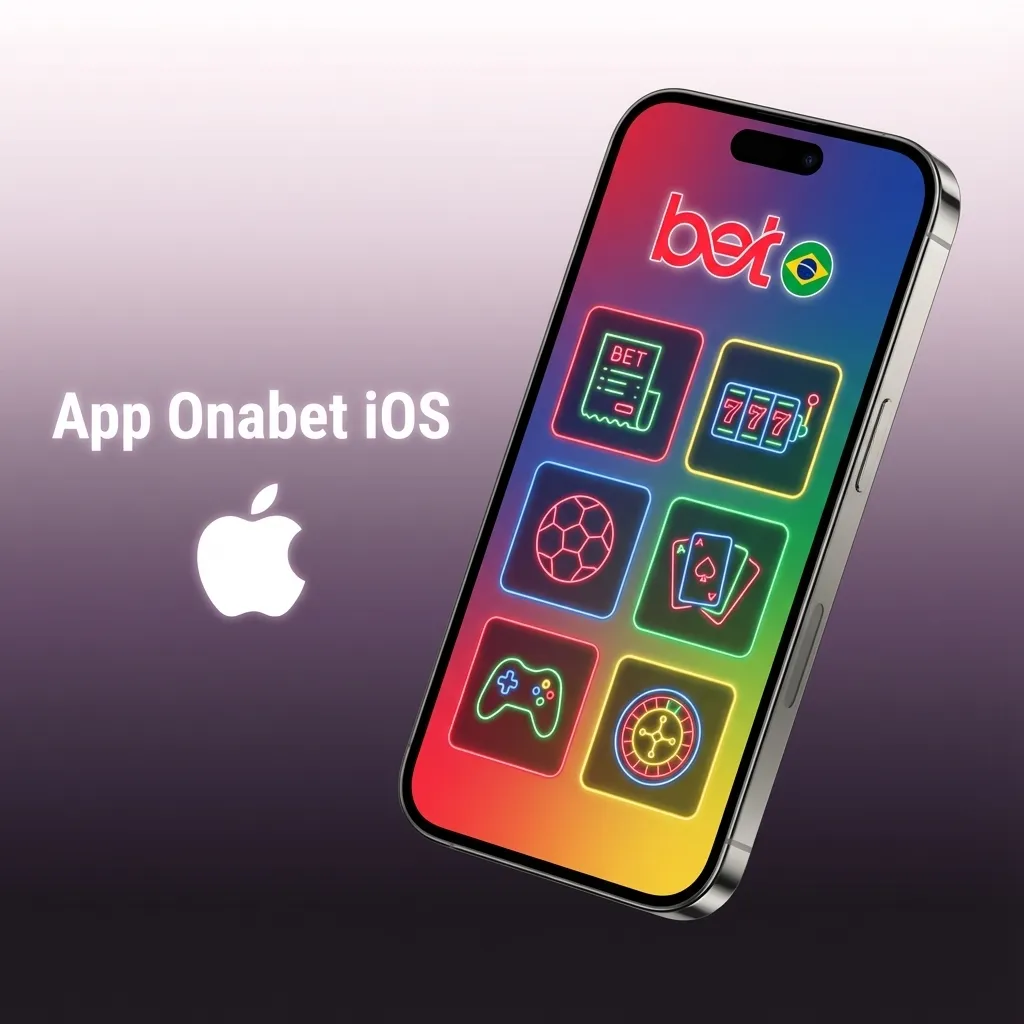 Tela de iPhone exibindo o app de apostas Onabet iOS com esportes ao vivo, cassino e opções de conta.