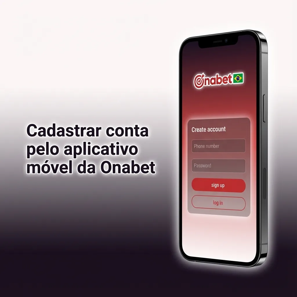 Tela de celular com app Onabet aberto mostrando opções para cadastro, login e depósito em interface otimizada móvel