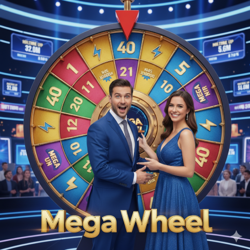 Game show Mega Wheel Live com roda gigante no cassino Onabet.