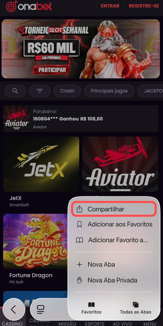 Menu de compartilhamento do navegador Safari aberto na página da Onabet.