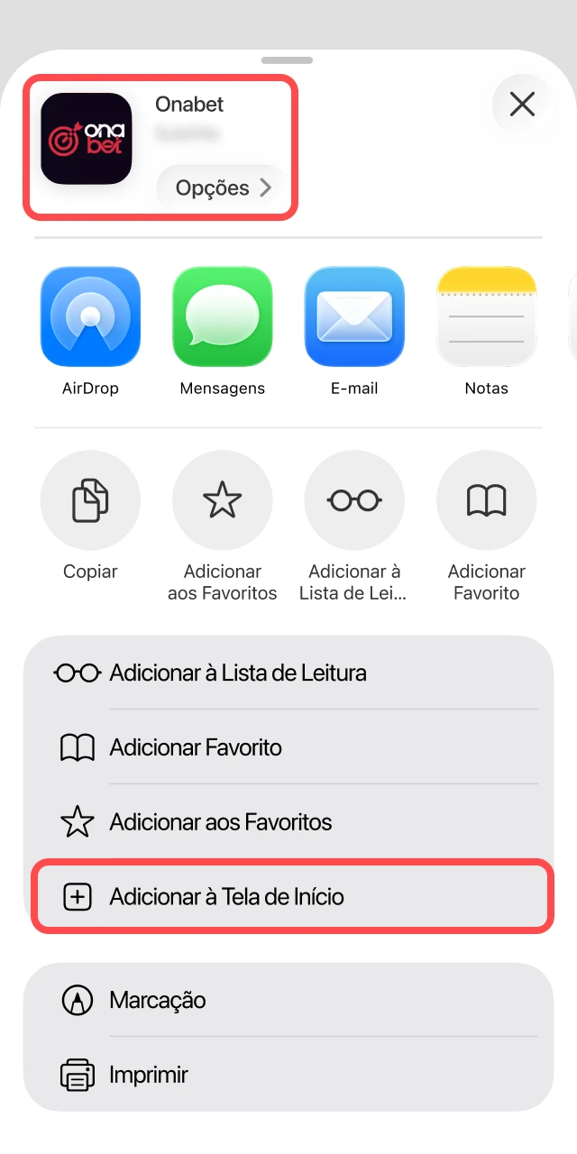 Criando um atalho na tela inicial do iOS para o site oficial da Onabet.