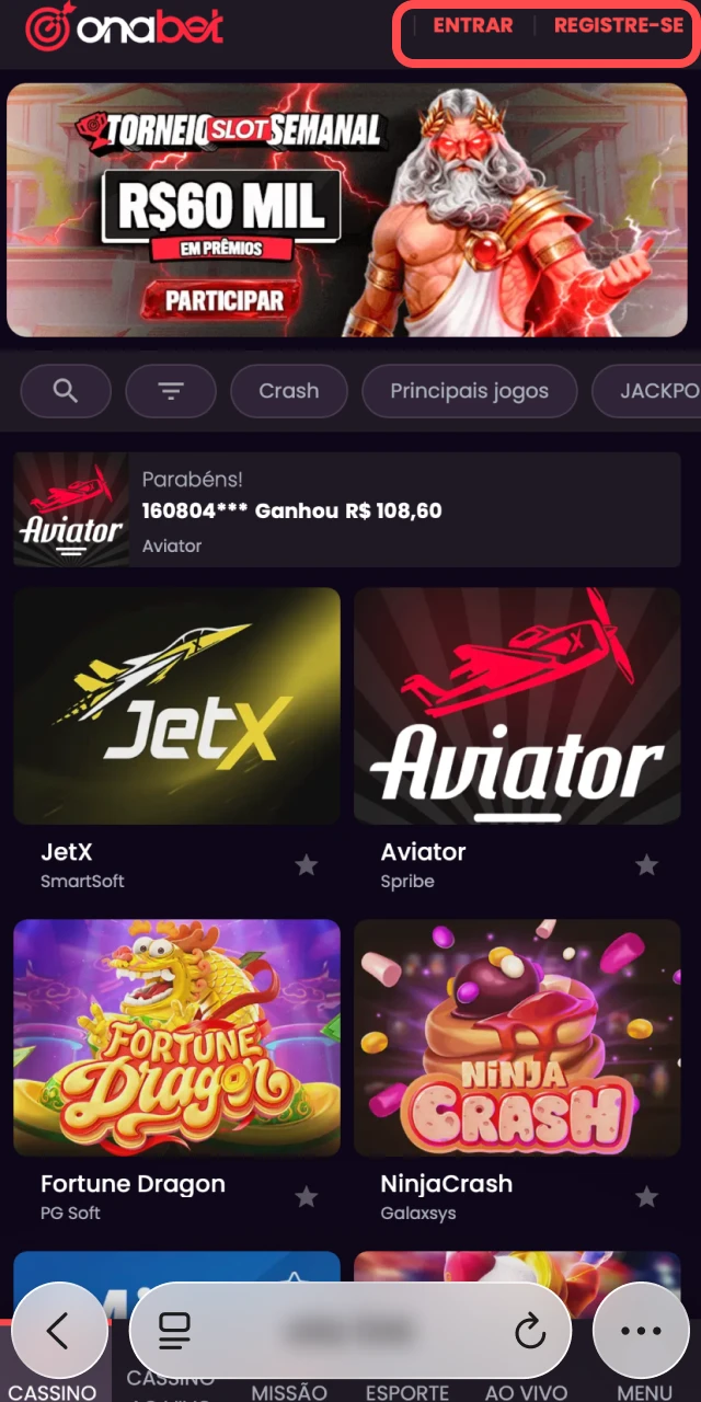 Tela de login e cadastro no site móvel da casa de apostas Onabet.