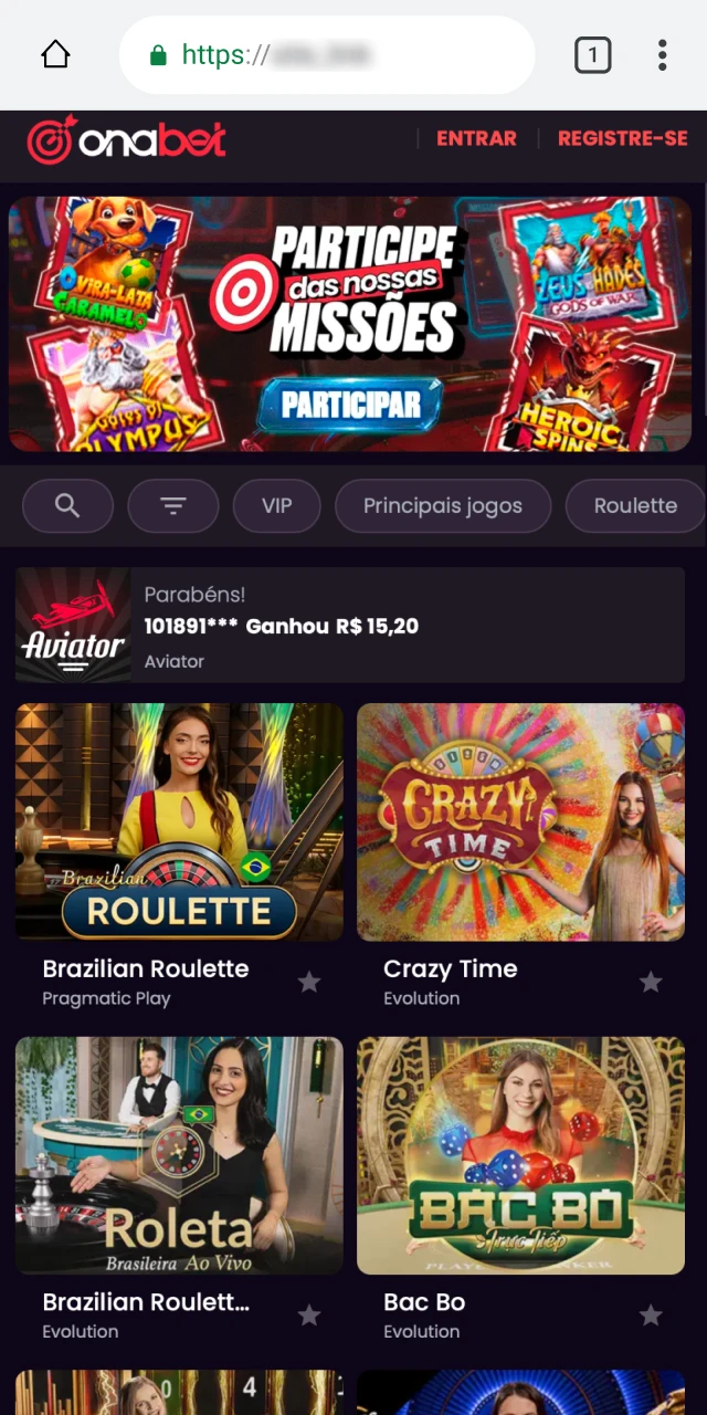 Página do site oficial da Onabet com botão para download do aplicativo Android.