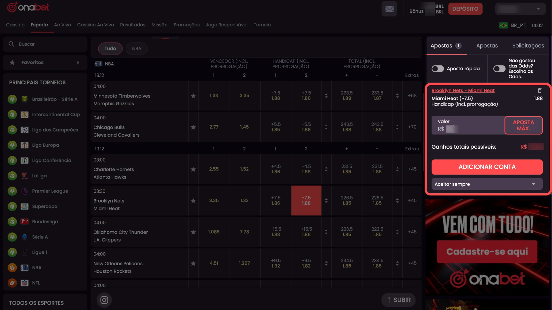 Confirmação final do bilhete de aposta no site da Onabet.