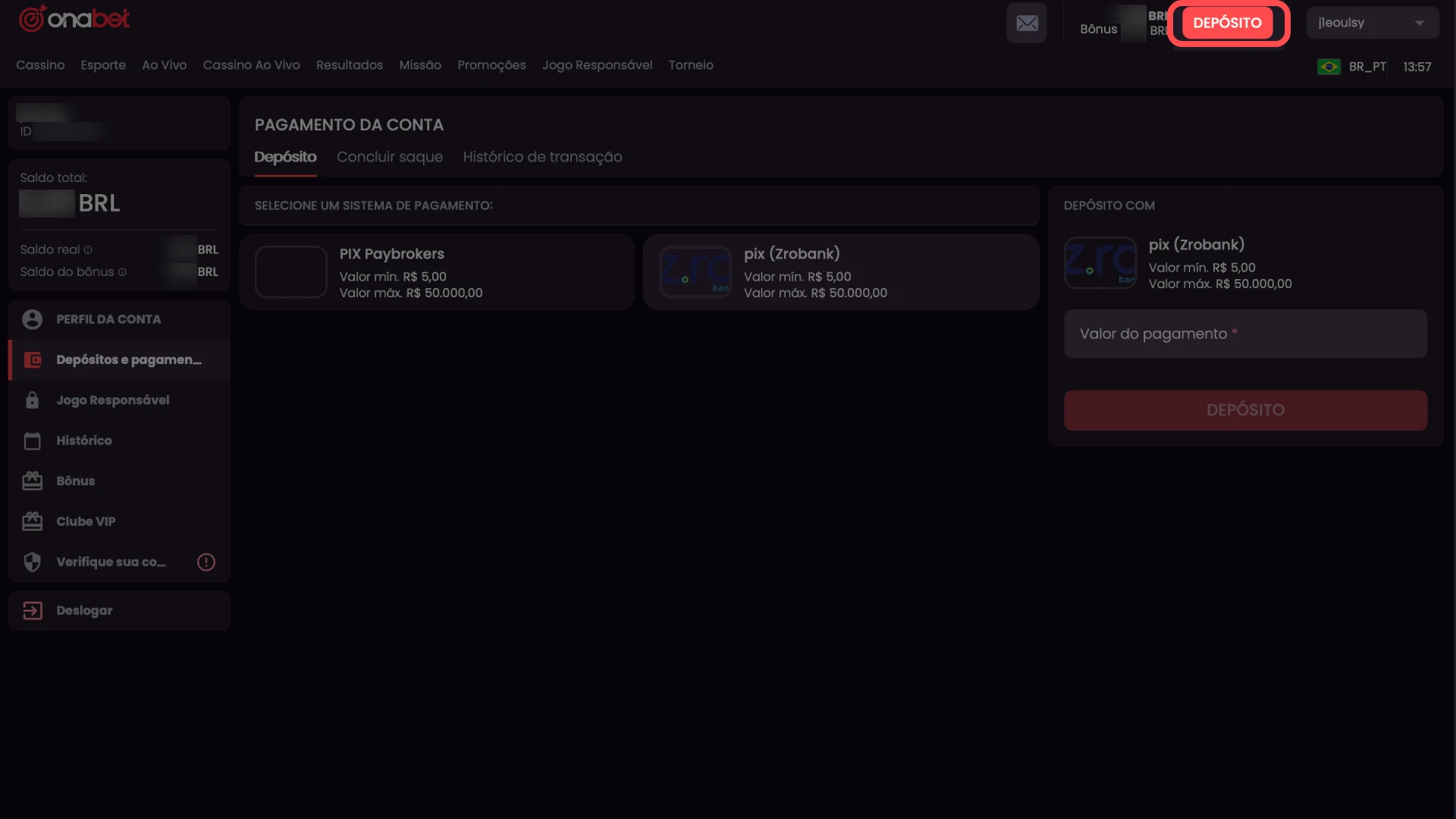 Área de caixa para depósito via Pix no site de apostas Onabet.