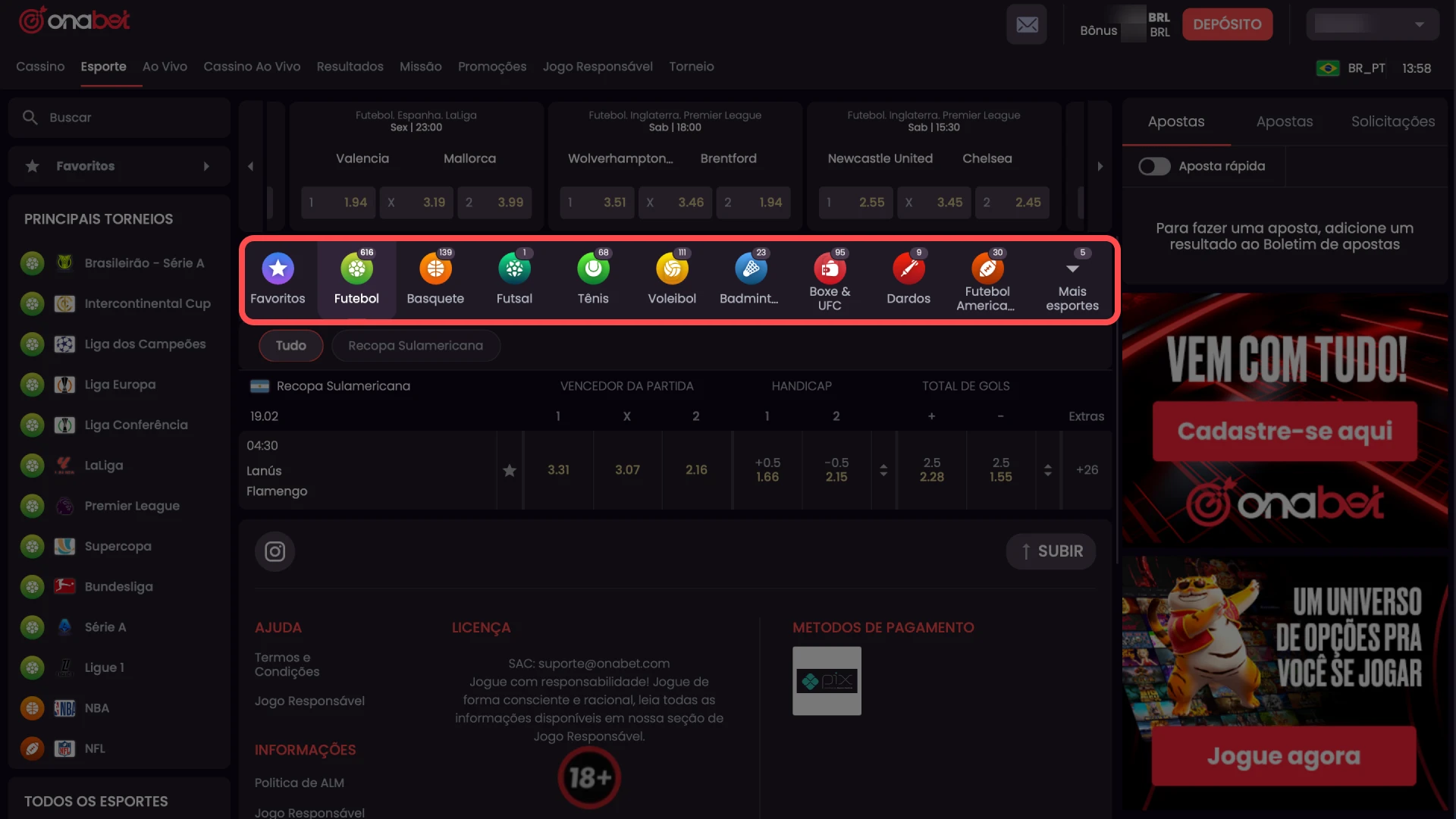 Menu de seleção de esportes e competições na plataforma Onabet.