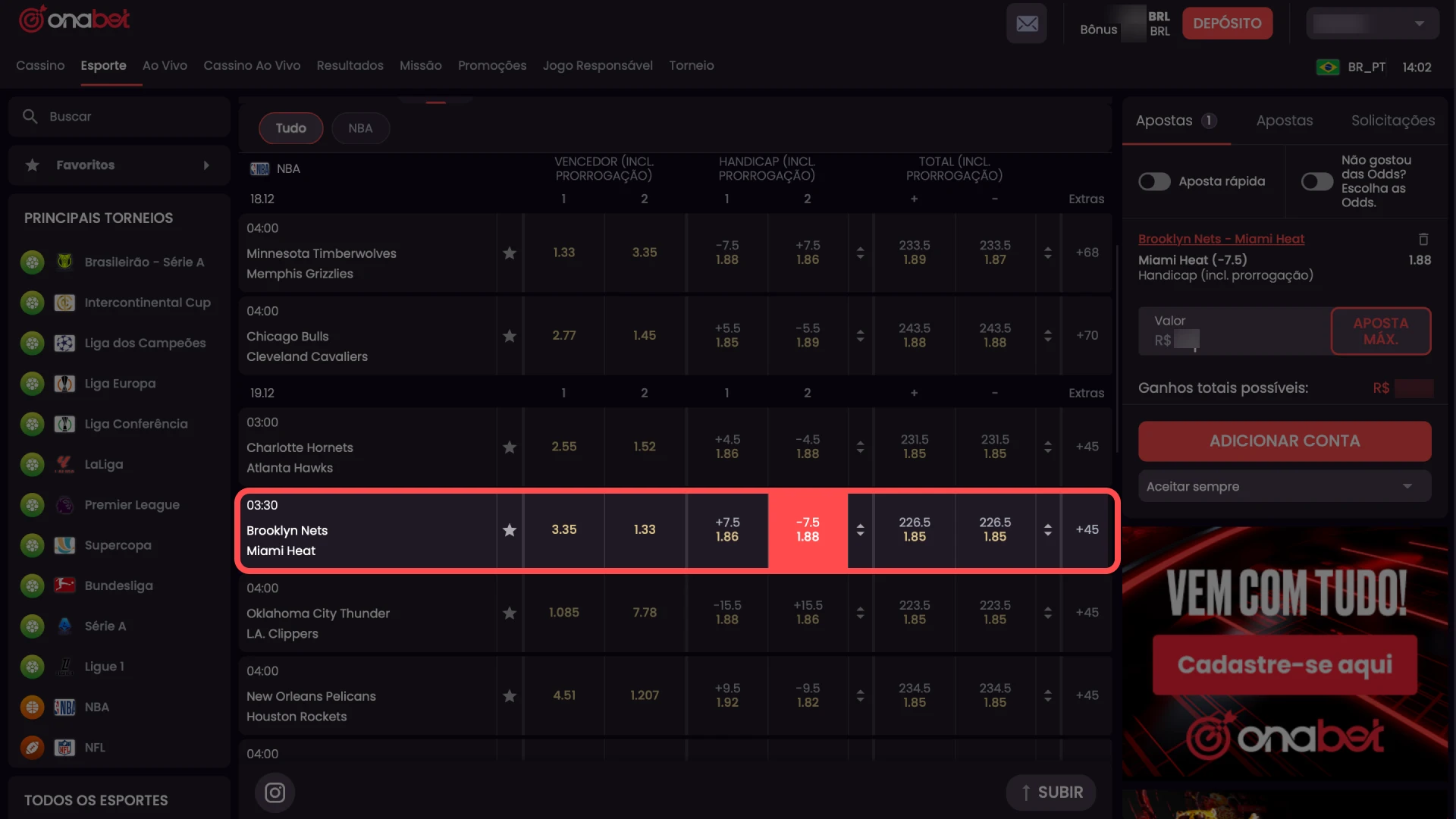 Cupom de aposta da Onabet com odd selecionada e campo para valor.