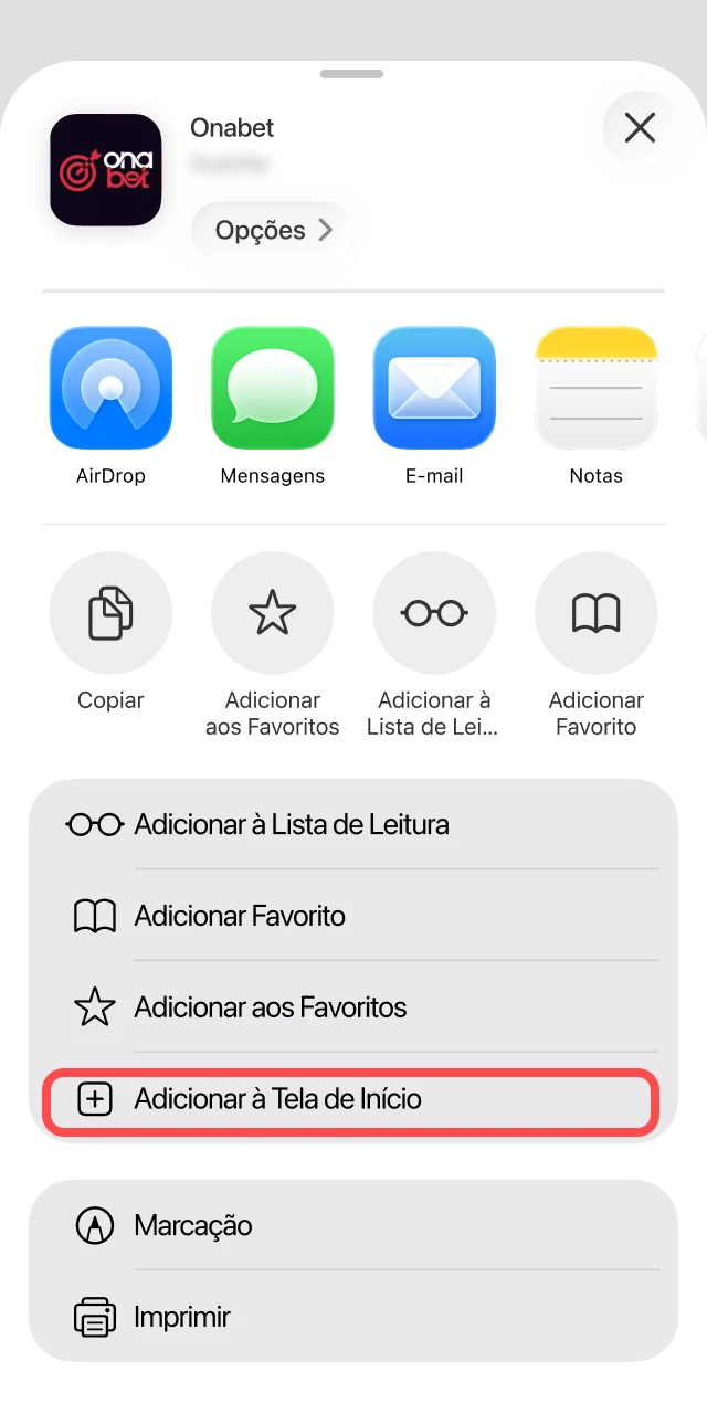 Opção Adicionar à Tela de Início destacada no menu do iOS para a Onabet.