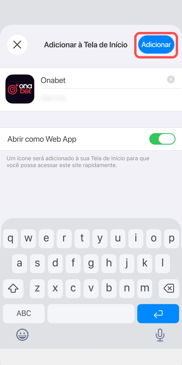 Janela para nomear e confirmar o atalho da Onabet na tela inicial do iPhone.