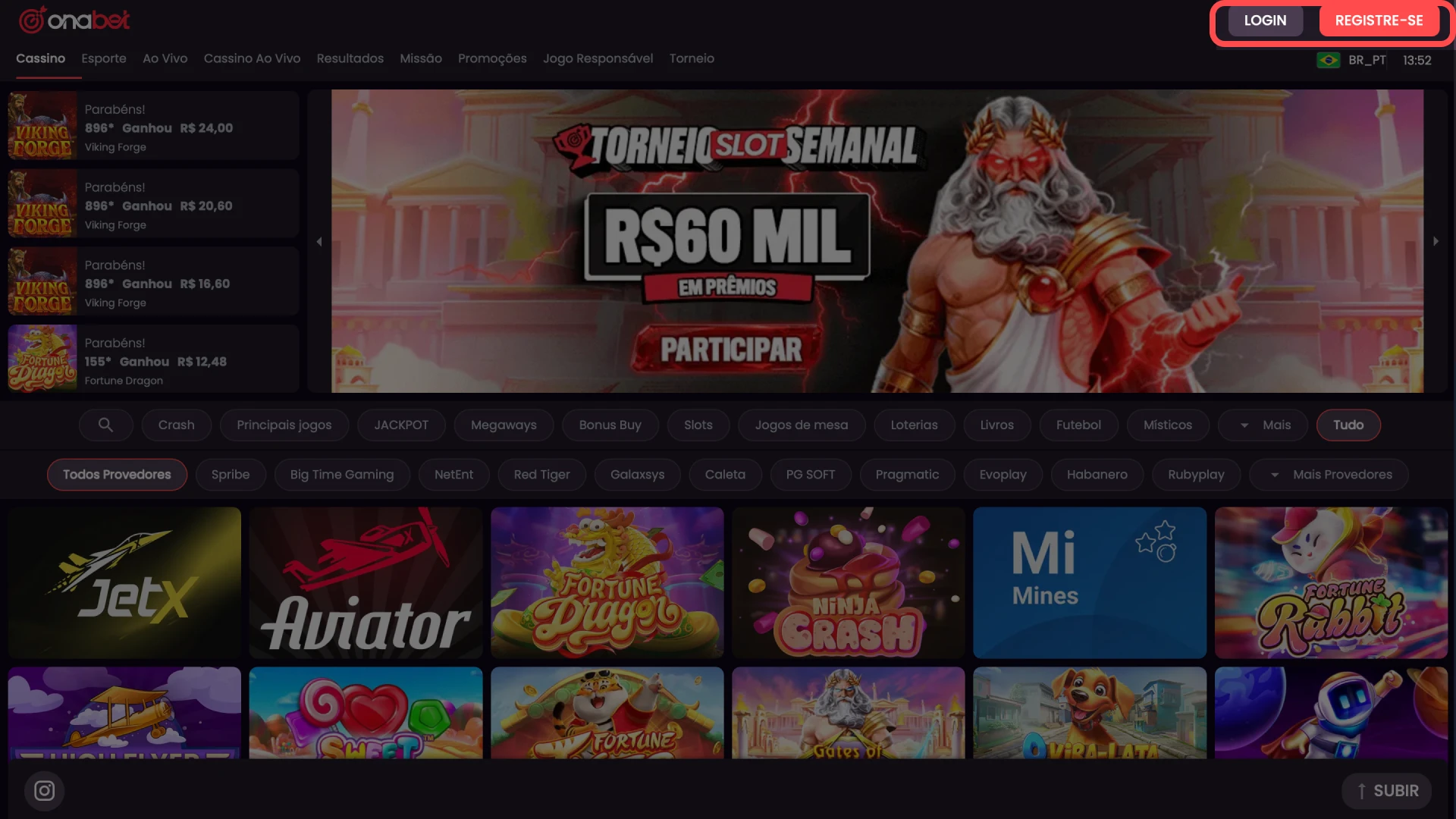 Página inicial do site oficial de apostas Onabet com destaque para o botão de registro.