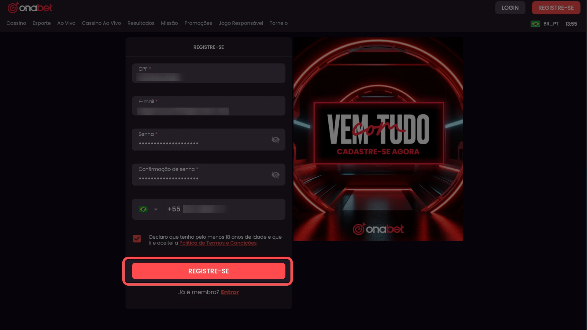 Validação da conta Onabet por e-mail ou SMS para ativar as apostas.