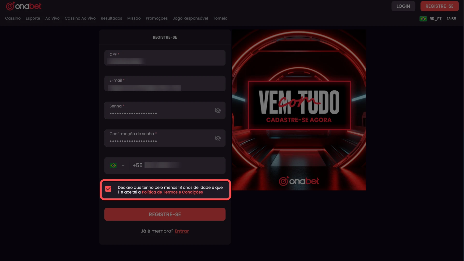 Seleção da moeda Real brasileiro e aceitação dos termos no site Onabet.
