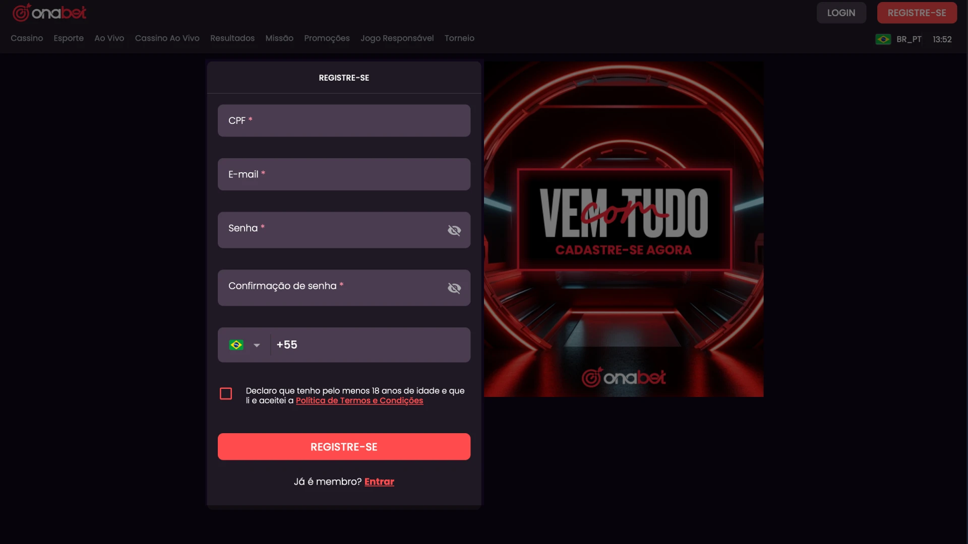 Opções de cadastro na Onabet por e-mail, celular ou redes sociais.