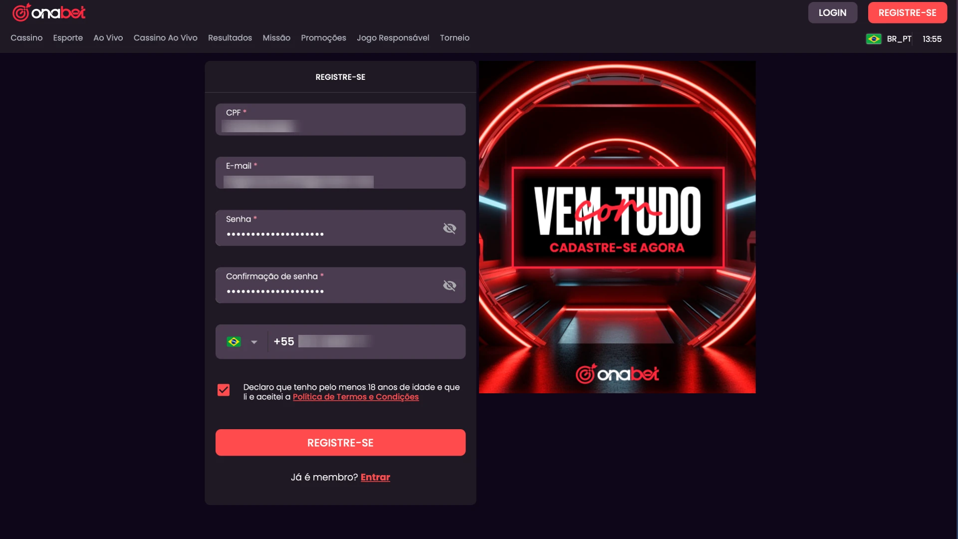 Formulário oficial da Onabet para preencher dados pessoais e criar senha.