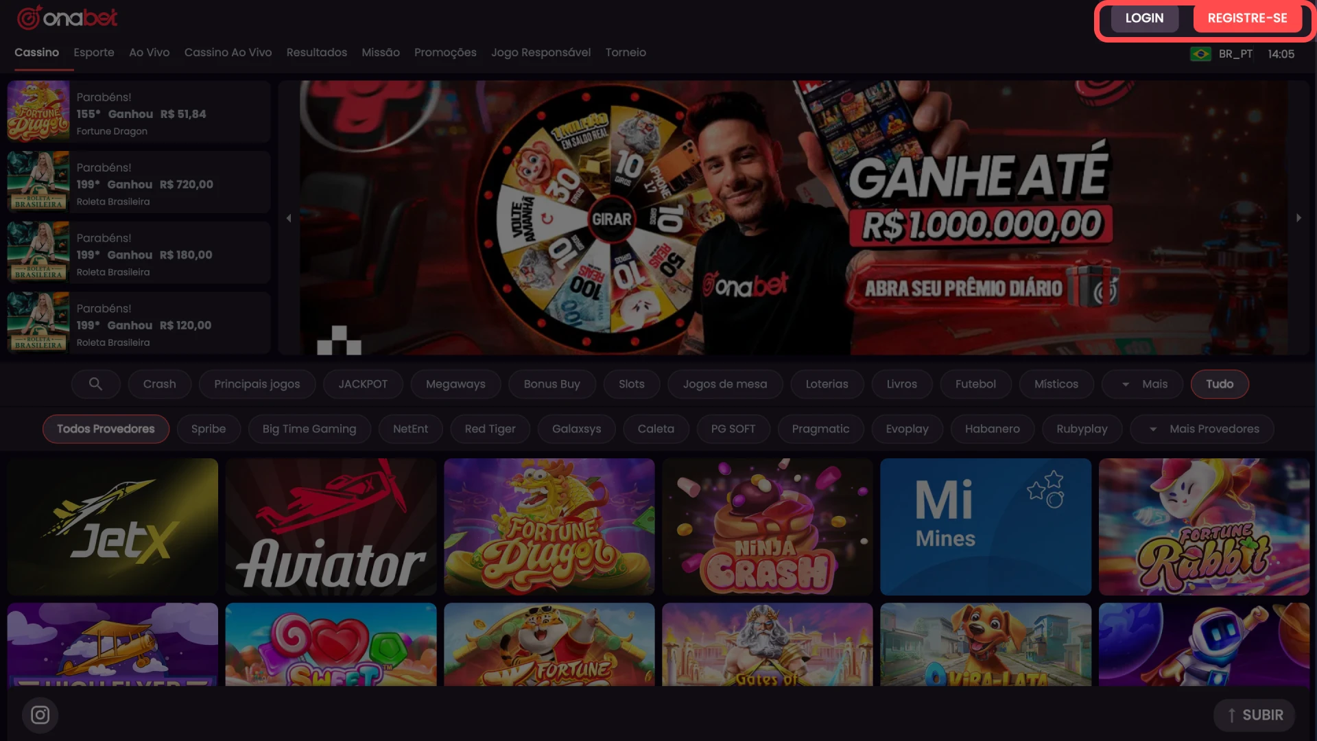 Botão "Entrar" no site oficial da casa de apostas Onabet.