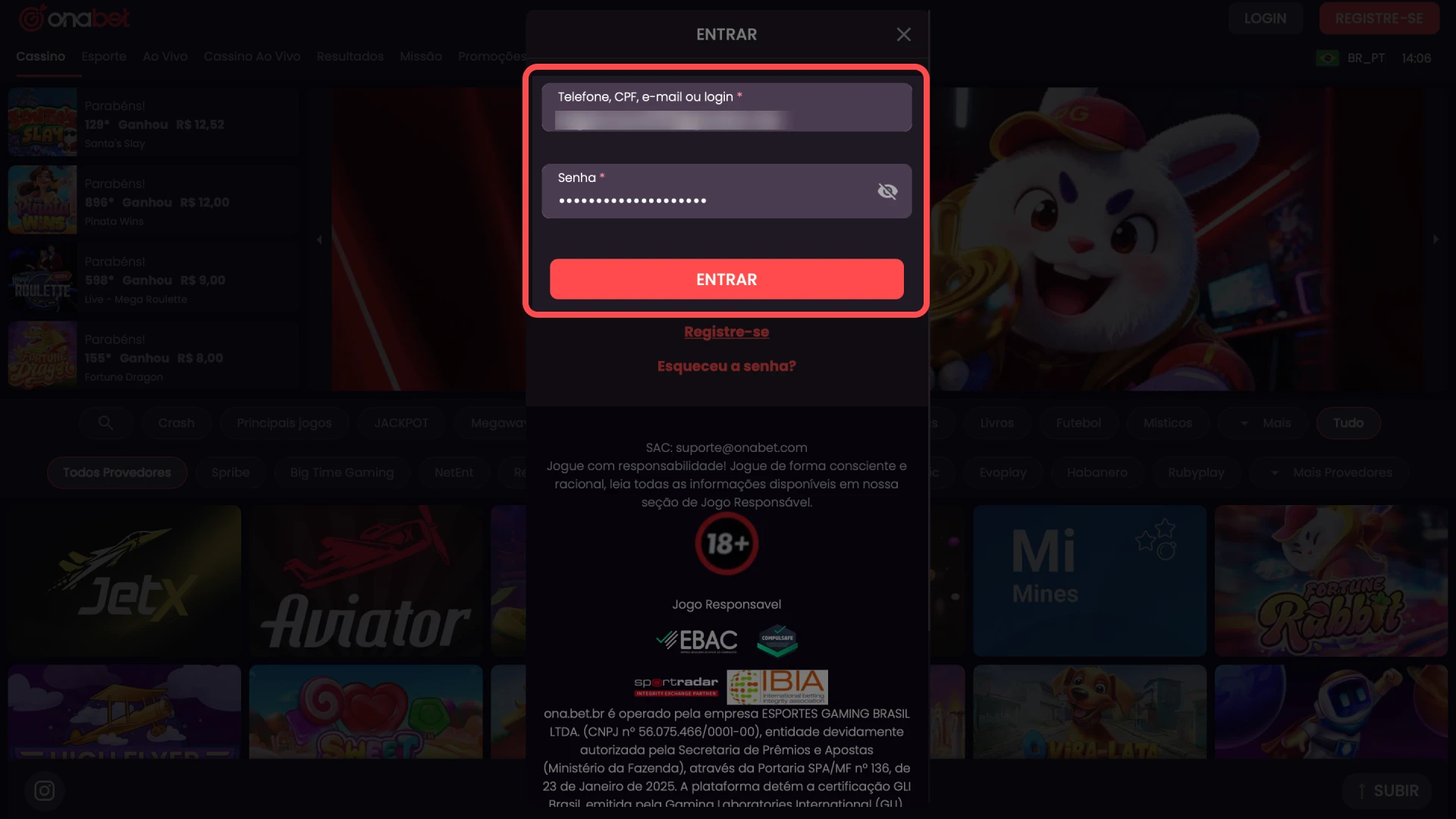 Formulário para inserir dados de acesso e senha na plataforma Onabet.