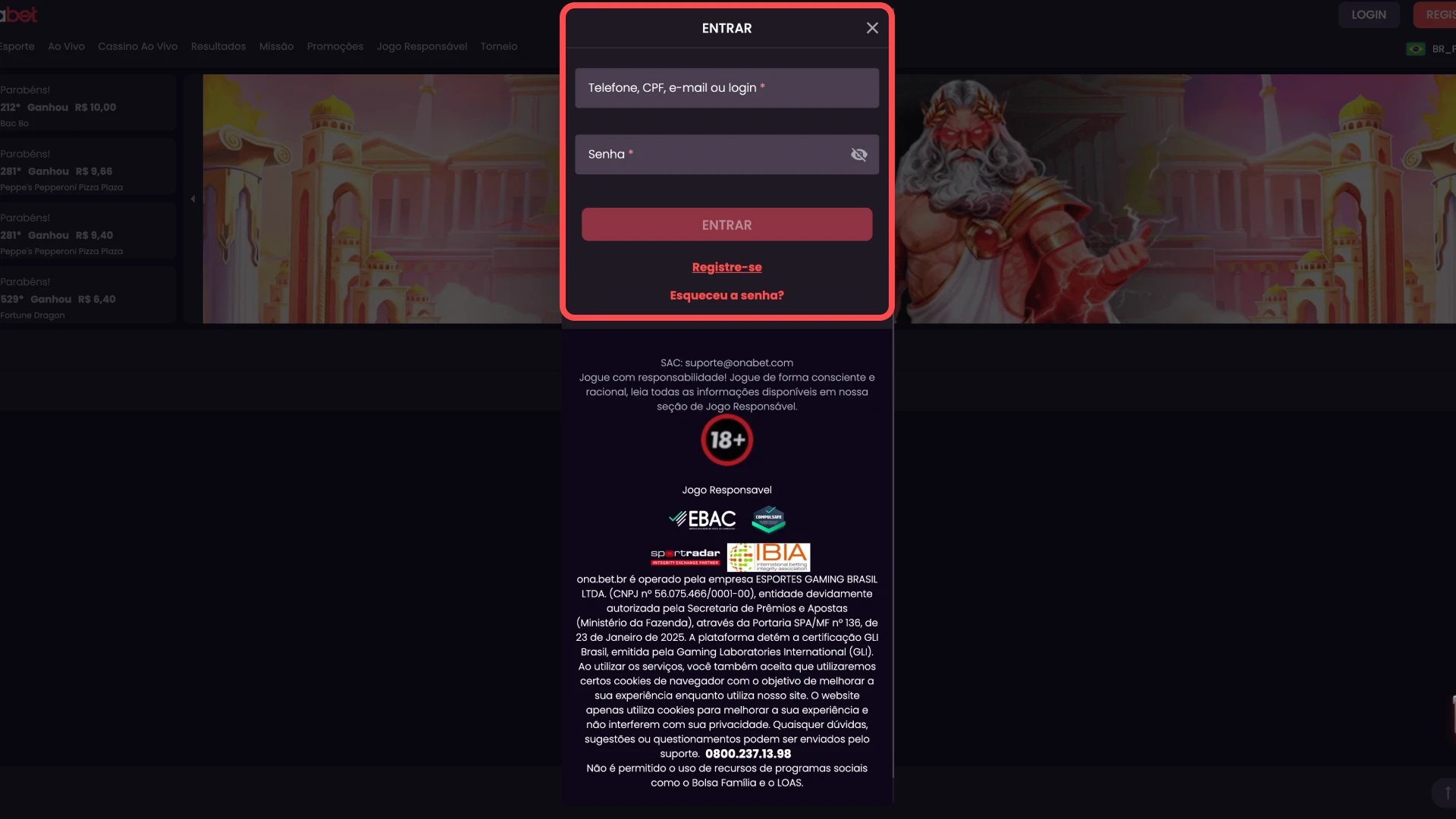 Tela de login com opções de acesso à conta Onabet.