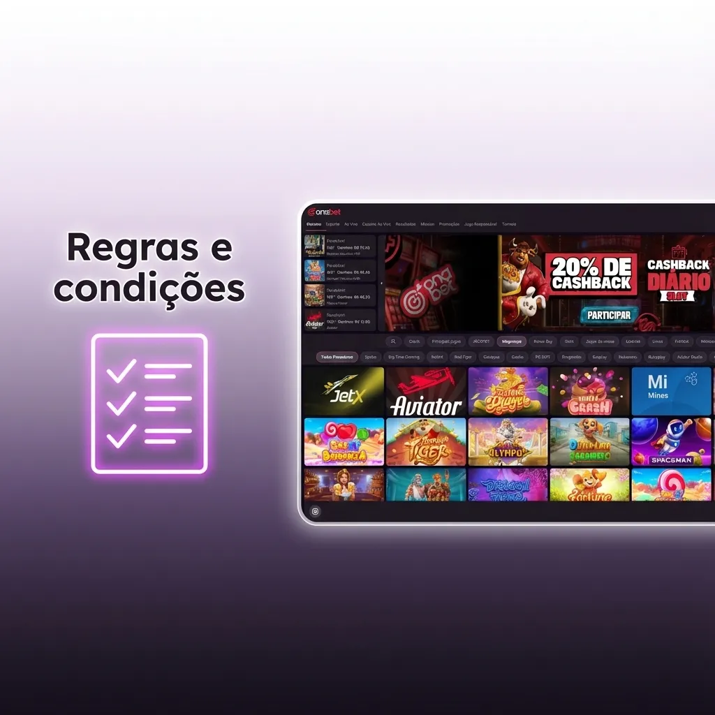 Tela da Onabet com texto sobre regras e condições de apostas no Brasil e ícones representando segurança e responsabilidade
