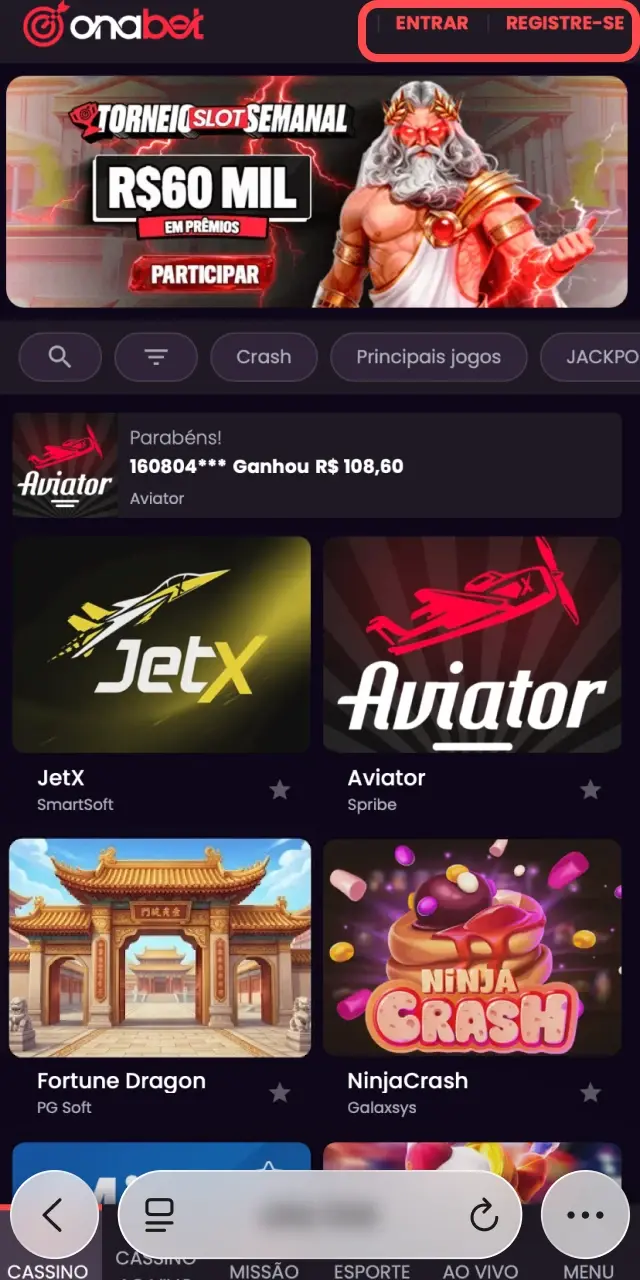Abra o site da Onabet no Safari