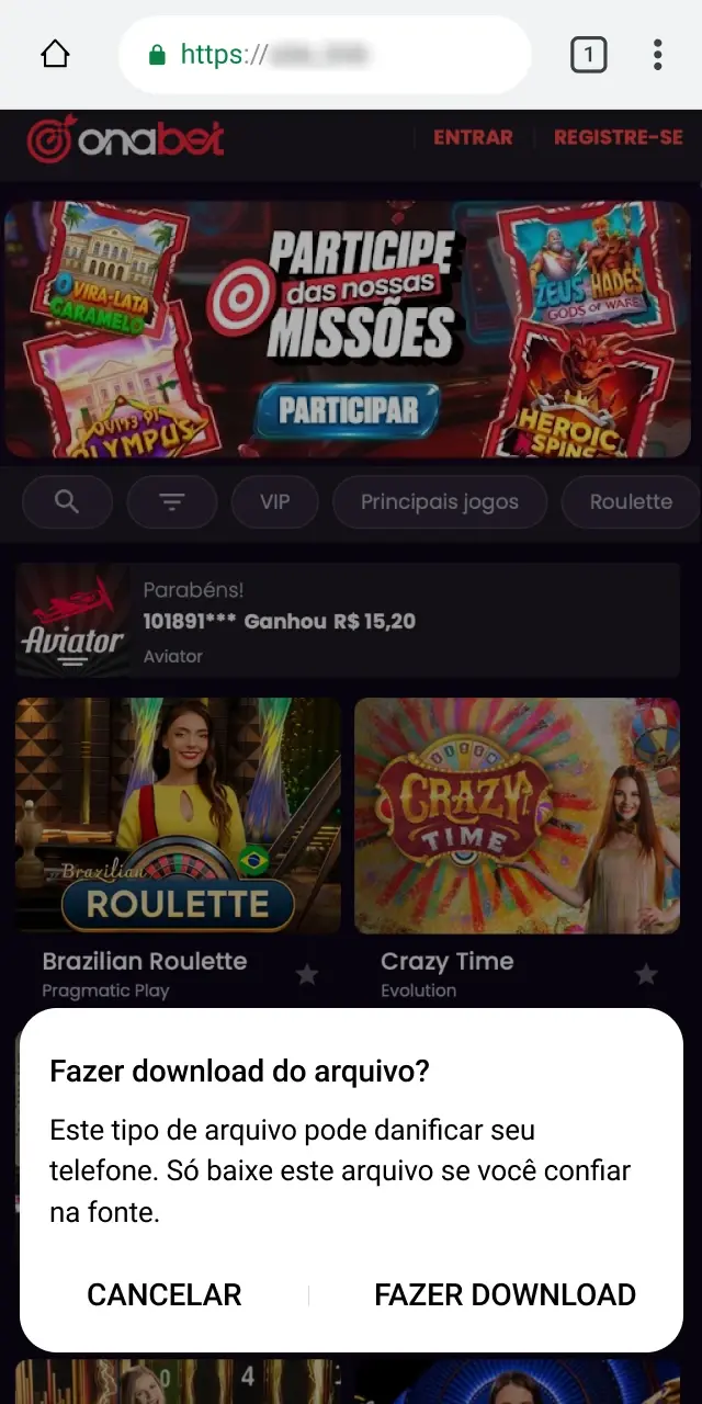 Janela de confirmação do navegador para baixar o aplicativo Onabet no Android.