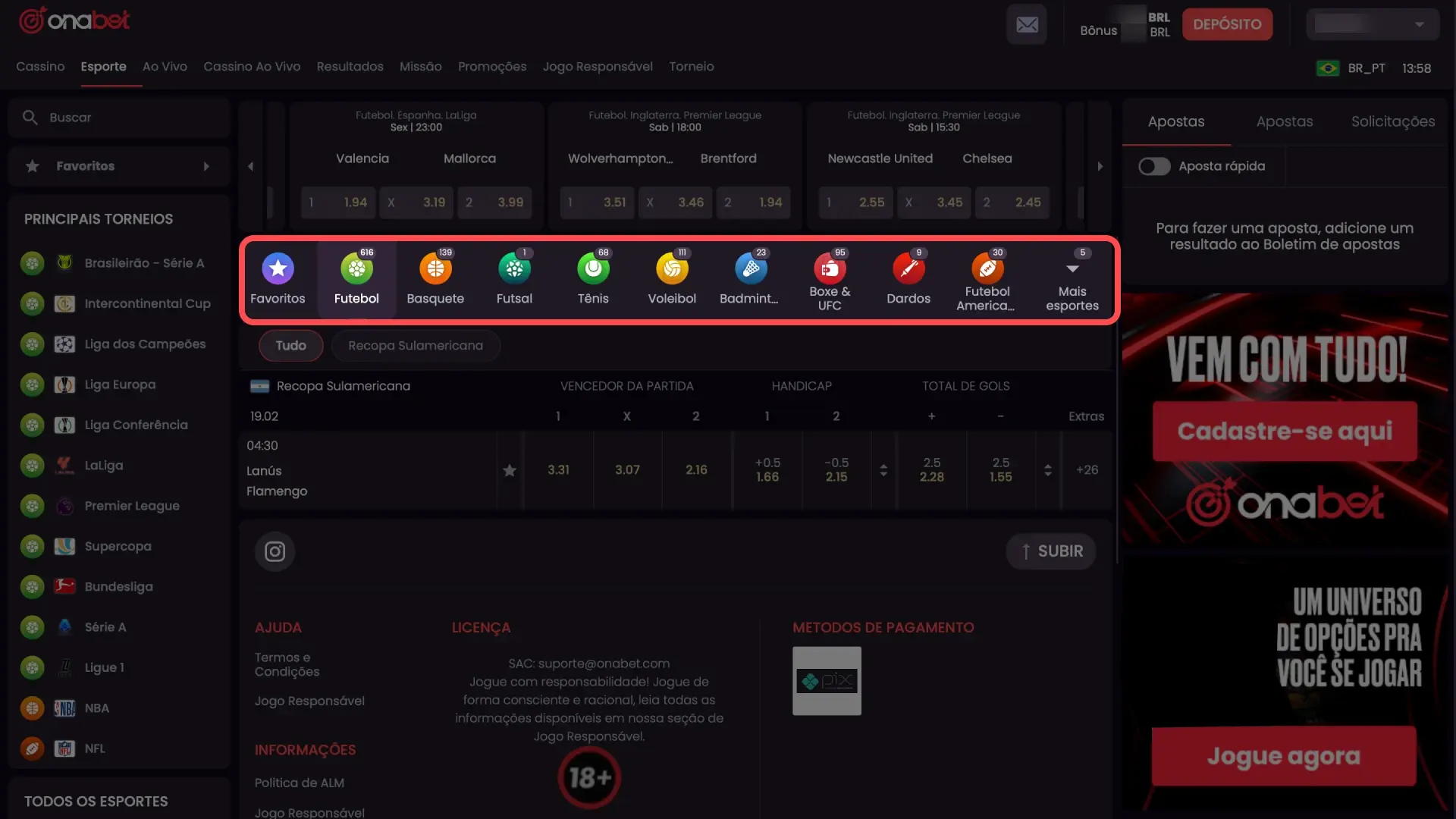 Menu de seleção de esportes e competições na plataforma Onabet.