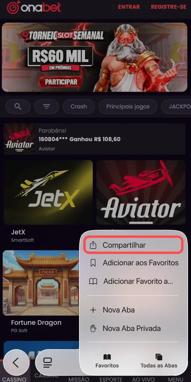 Menu de compartilhamento do navegador Safari aberto na página da Onabet.