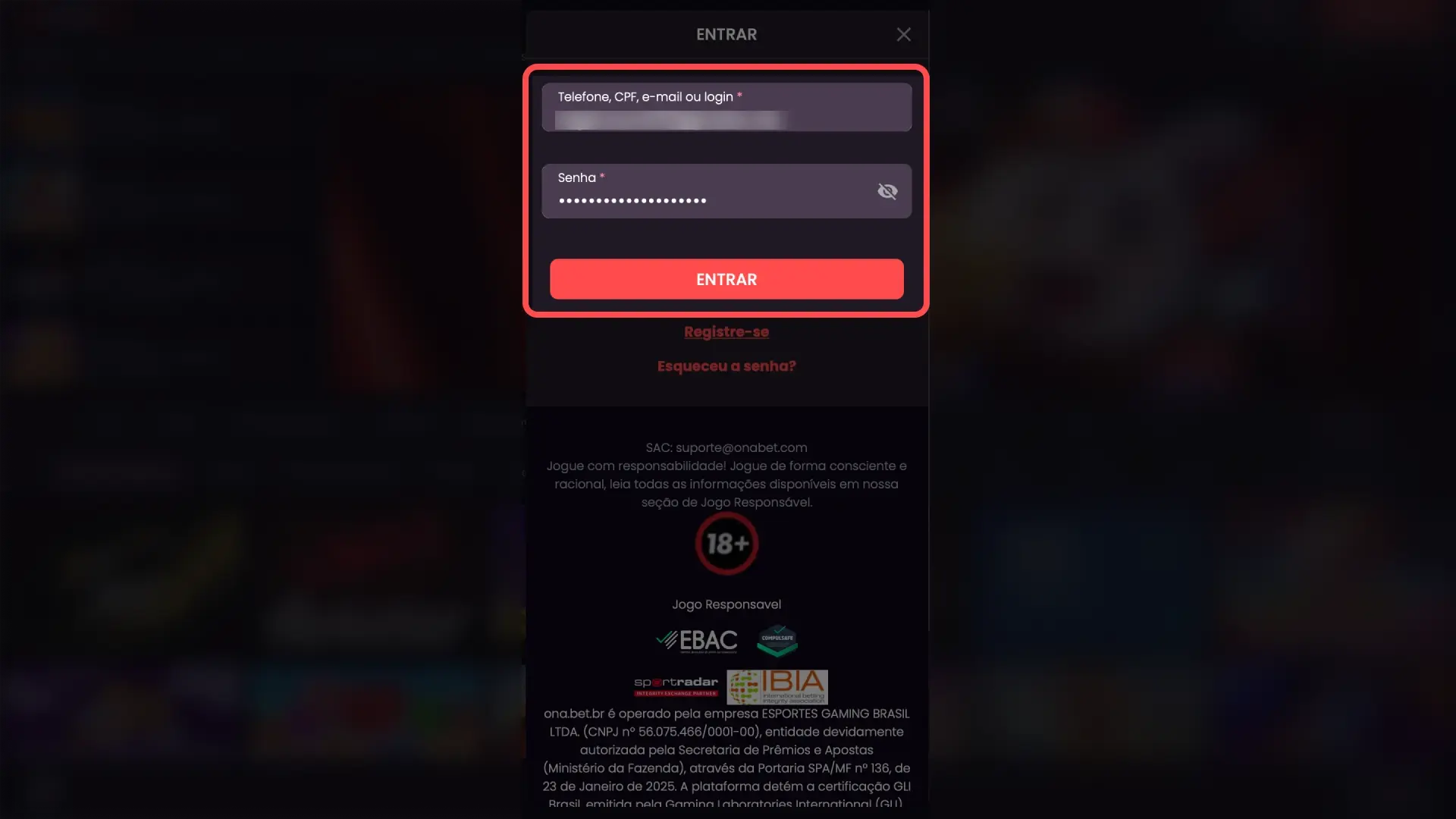 Formulário para inserir dados de acesso e senha na plataforma Onabet.